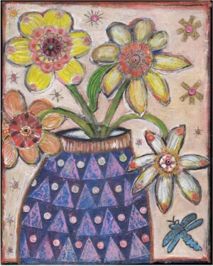 Flowers Triangle Vase and Dragonfly Original mixed media painting