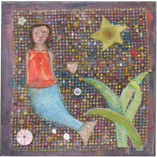 Sarita, Mermaid in the Dotted Sea, 12" x 12" Original mixed media painting