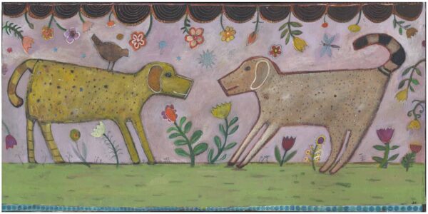 Two Dottie Dogs Play Original Mixed Media 24" x 48" Painting