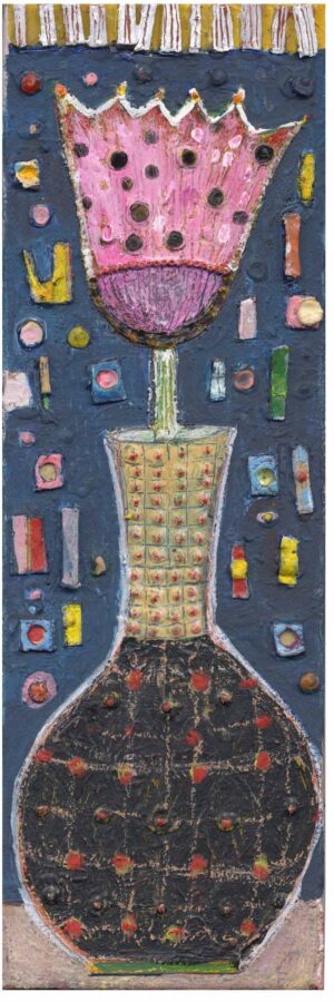 Pink Flower Dot Black Vase 4" x 12" Painting